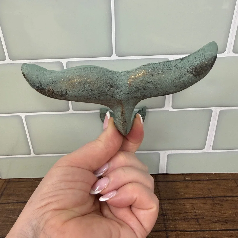 Set of 5 Cast Iron Whale Tail Wall Hooks Verdigris Coastal Green Nautical
